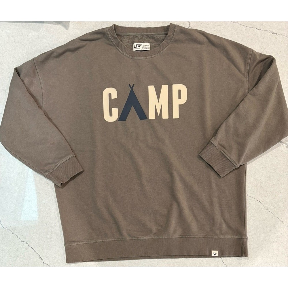 LIV Outdoor CAMP Graphic Sweatshirt Womens XL Taupe Earth Brown Fleece Crewneck